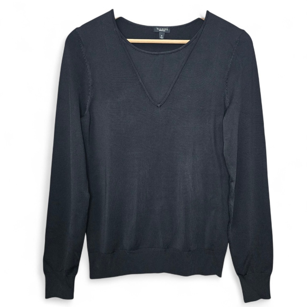 Talbots Top Womens Medium Black Long Sleeve‎ Knit Round Neck Blouse Ladies